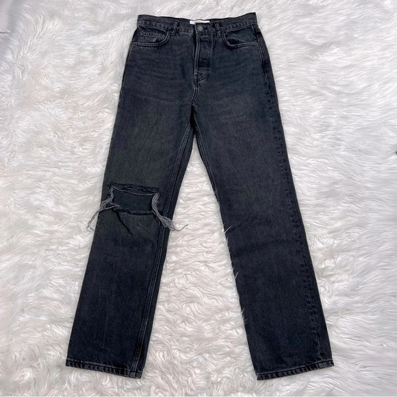 REFORMATION Cynthia High Rise Straight Jeans Lagoon Destroyed Black Denim - Picture 2 of 13